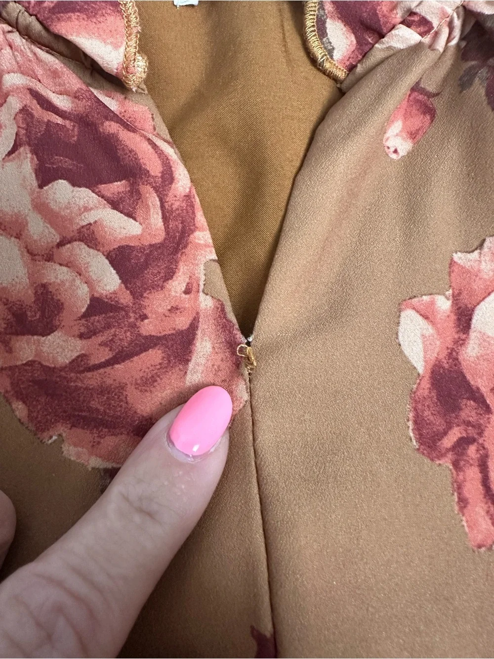 Joyfolie Brown Floral Tie-Neck Maxi Dress with Pink Roses